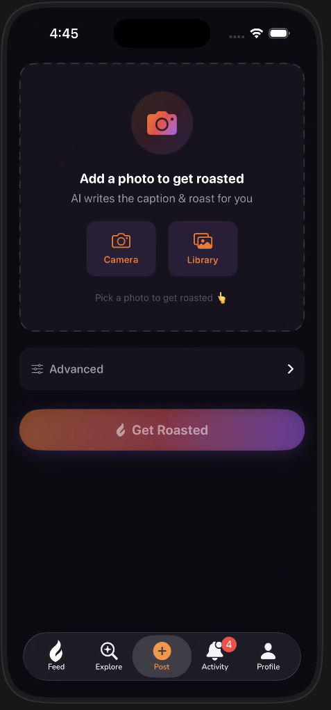 Humblr Post screen — add a photo to get roasted